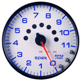 GAUGE; TACHOMETER; 5in.; 11K RPM; W/SHIFT LIGHT/PEAK MEM; WHITE/BLACK; SPEK-PRO