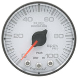 GAUGE; FUEL PRESS; 2 1/16in.; 100PSI; STEPPER MOTOR W/PEAK/WARN; WHT/BLK; SPEK