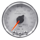 GAUGE; FUEL PRESS; 2 1/16in.; 15PSI; STEPPER MOTOR W/PEAK/WARN; SLVR/CHRM; SPEK