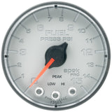 GAUGE; FUEL PRESS; 2 1/16in.; 15PSI; STEPPER MOTOR W/PEAK/WARN; SLVR/BLK; SPEK