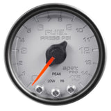 GAUGE; FUEL PRESS; 2 1/16in.; 15PSI; STEPPER MOTOR W/PEAK/WARN; SLVR/BLK; SPEK