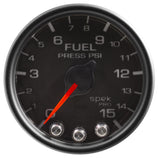 GAUGE; FUEL PRESS; 2 1/16in.; 15PSI; STEPPER MOTOR W/PEAK/WARN; BLK/BLK; SPEK