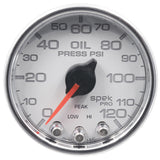 GAUGE; OIL PRESS; 2 1/16in.; 120PSI; STEPPER MOTOR W/PEAK/WARN; WHT/CHRM; SPEK