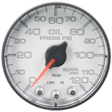 GAUGE; OIL PRESS; 2 1/16in.; 120PSI; STEPPER MOTOR W/PEAK/WARN; WHT/BLK; SPEK