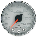 GAUGE; OIL PRESS; 2 1/16in.; 120PSI; STEPPER MOTOR W/PEAK/WARN; SLVR/CHRM; SPEK