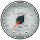 GAUGE; OIL PRESS; 2 1/16in.; 120PSI; STEPPER MOTOR W/PEAK/WARN; SLVR/BLK; SPEK
