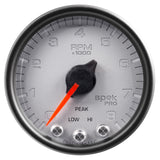 GAUGE; TACH; 2 1/16in.; 8K RPM; W/SHIFT LIGHT/PEAK MEM; SLVR/BLK; SPEK-PRO