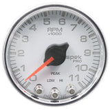 GAUGE; TACH; 2 1/16in.; 11K RPM; W/SHIFT LIGHT/PEAK MEM; WHT/CHRM; SPEK-PRO