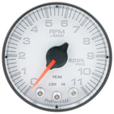 GAUGE; TACH; 2 1/16in.; 11K RPM; W/SHIFT LIGHT/PEAK MEM; WHT/BLK; SPEK-PRO