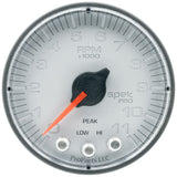 GAUGE; TACH; 2 1/16in.; 11K RPM; W/SHIFT LIGHT/PEAK MEM; SLVR/BLK; SPEK-PRO